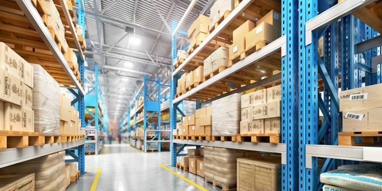 Rows of boxes in a warehouse, potential supply chain disruption